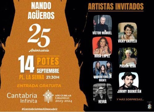 Super concierto de Nando Agüeros en Potes junto a Víctor Manuel, Pasión Vega, Hevia y Rosa López el 14 de septiembre